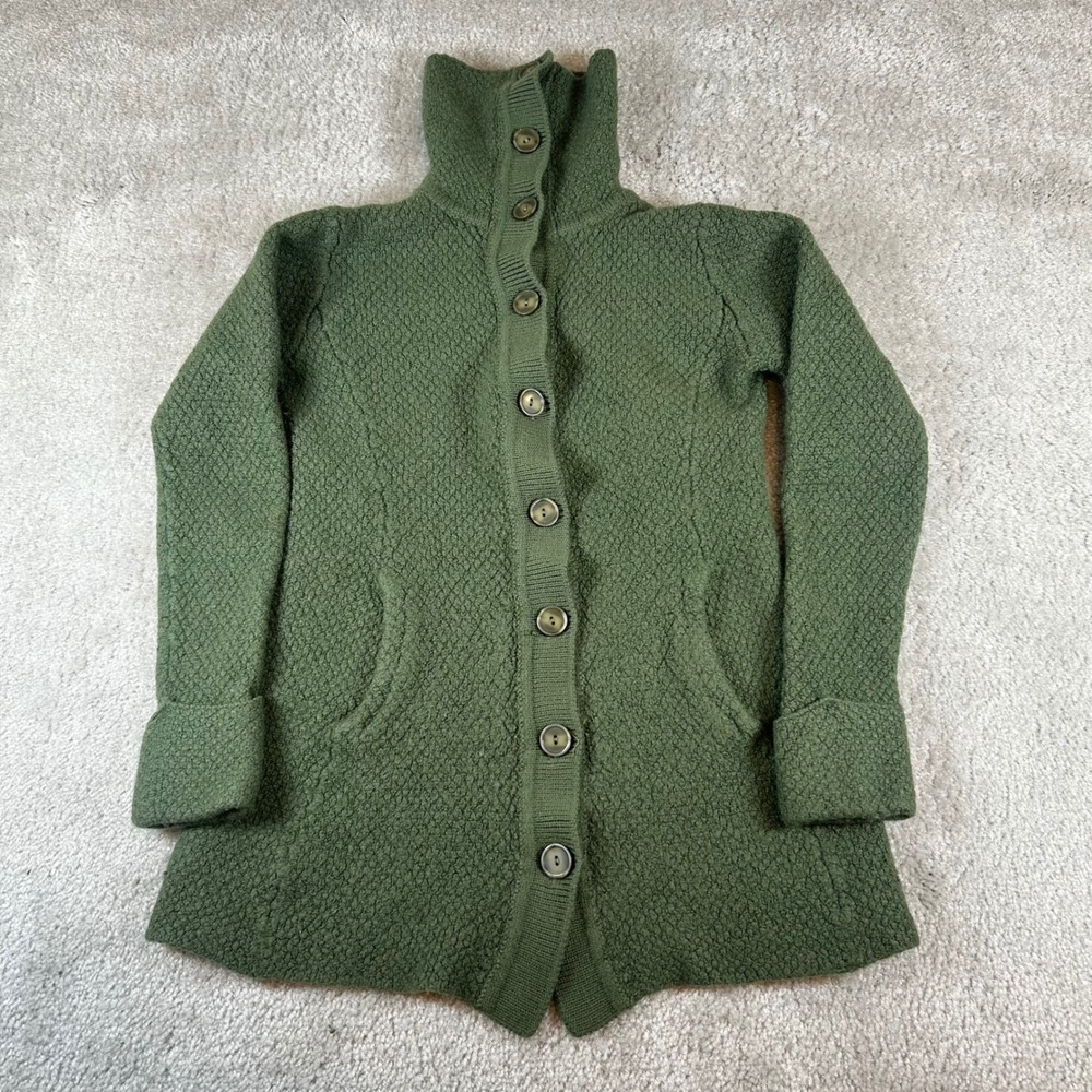 Patagonia Cardigan Women XS Green Merino Wool Funnel Neck Button Sweater 50460